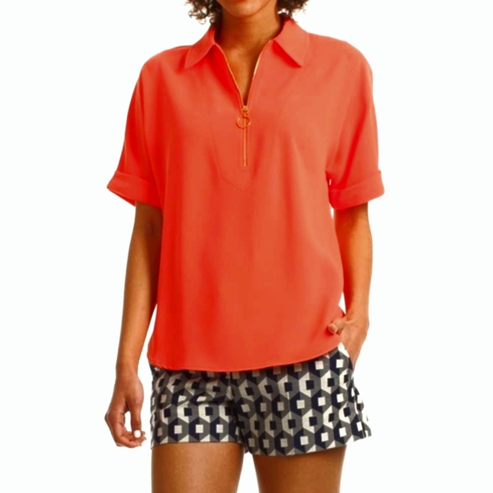 TRINA TURK Tangerine / Orange Blouse Gold Zipper Trim Size Large 🔶️ LIke New